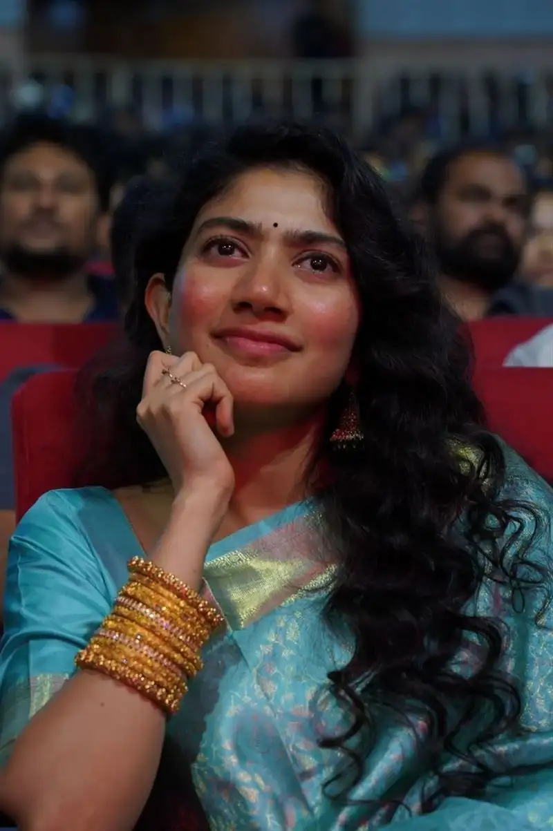 Indian Actress Sai Pallavi Blue Saree Stills at Virata Parvam Movie Pre Release Event